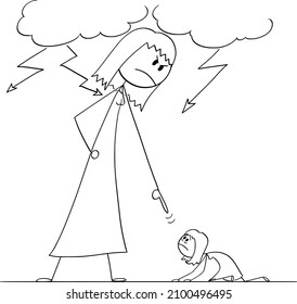 Powerful woman oppressing another woman using his power, vector cartoon stick figure or character illustration.