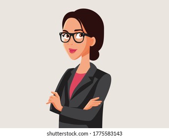 Powerful Woman Wearing Eyeglasses and Business Suit. Strong confident female manager standing with arms crossed
 
