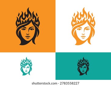 Powerful woman's face crowned with flames. Elegant graphic emblem symbolizing strength, passion, and transformation. Perfect for bold beauty brands and fierce feminine identity.