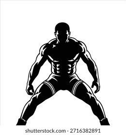 Luchador potente en la silueta atlética del Vector de la postura. Atleta masculino en uniforme listo para el combate, mostrando fuerza y preparación. Aislado sobre fondo blanco limpio.