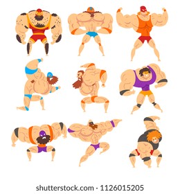 Powerful wrestling fighter characters set, professional wrestler of recreational sports show vector Illustrations on a white background