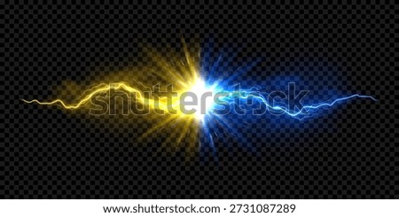 Powerful yellow and blue lightning explosion. Vibrant dual-energy concept with yellow and blue lightning bolts and bright energy burst. Vector illustration with dinamic lightning discharge.