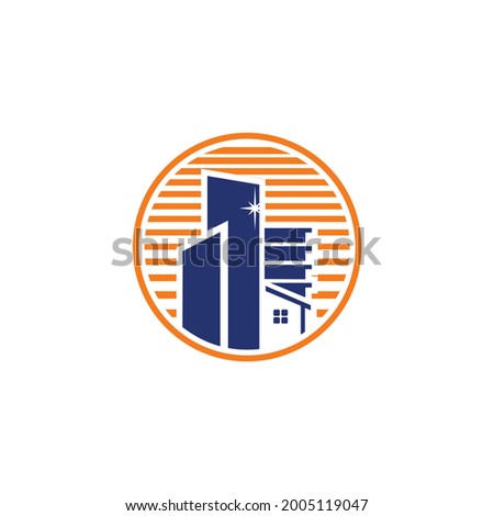 powerfull building with sun background logo vector