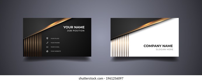 Powerfull business card with professional golden line design. Black and white background with two sided layout. Vector print template.