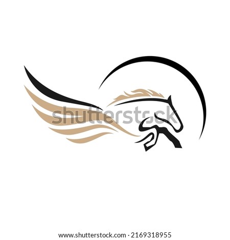 Powerfull pegasus graphic logo Abstract. Strength Horse with wings vector,
 Stylish horse head outline for stable, farm, strong, race logo design