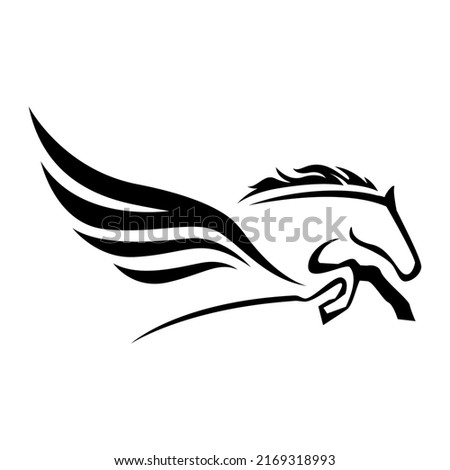 Powerfull pegasus graphic logo Abstract. Strength Horse with wings vector,
 Stylish horse head outline for stable, farm, strong, race logo design