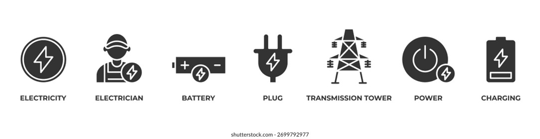 Powering the Future Icons set vector illustration glyph with Electricity , Electrician, Battery, Plug, Transmission tower, Power, Charging