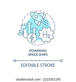 Powering spaceship turquoise concept icon. Benefit of hydrogen energy usage abstract idea thin line illustration. Isolated outline drawing. Editable stroke. Roboto-Medium, Myriad Pro-Bold fonts used