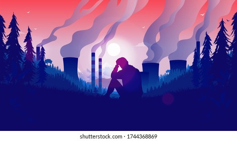 Powerless watching pollution - Man sitting in nature observing polluting factories destroying the local environment. Climate change and global warming concept. Vector illustration.