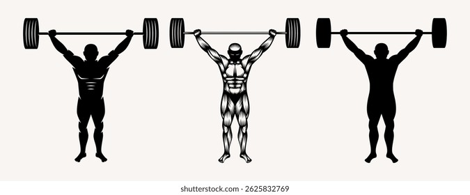Powerlifter holds a barbell over his head. illustration in style engraving and silhouette. Isolated black print on white background