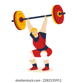 Powerlifter lifting weights. Strong weightlifter doing squats lifting barbell. Heavy athlete performing exercises in sport training. Vector flat illustration