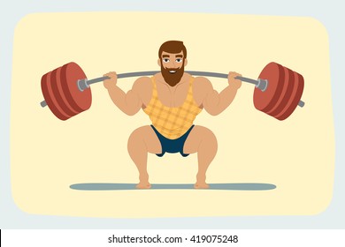 Powerlifter squats with a barbell. Vector illustration.