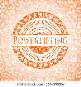 Powerlifting abstract emblem, orange mosaic background