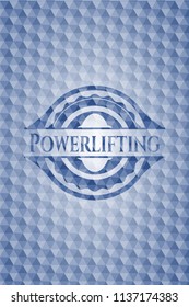 Powerlifting blue emblem with geometric background.