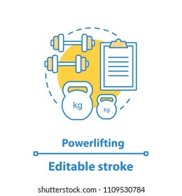 Powerlifting concept icon. Weightlifting idea thin line illustration. Gym. Dumbbells and kettlebells. Vector isolated outline drawing. Editable stroke