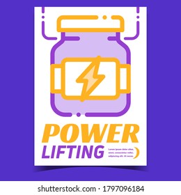 Powerlifting Creative Advertising Poster Vector. Muscle Powerlifting Energy Nutrition Bottle On Promotional Banner. Bodybuilding Gym Power Training Concept Template Stylish Colorful Illustration