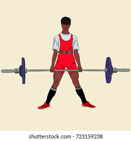 Powerlifting. Deadlift. African American athlete lifting barbell at competition. Realistic vector illustration