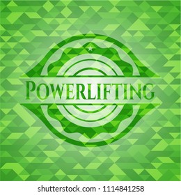 Powerlifting green emblem. Mosaic background