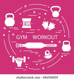 Powerlifting gym workout elements arranged in a circle. Bodybuilding exercises equipment and things.