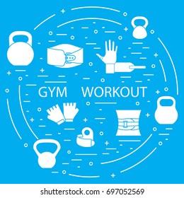 Powerlifting gym workout elements arranged in a circle. Healthy lifestyle and physical activity.