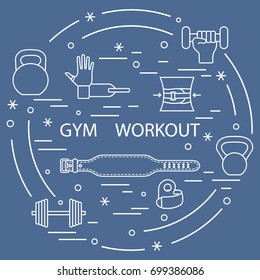 Powerlifting gym workout elements arranged in a circle. Template for your design, banner, poster or print.
