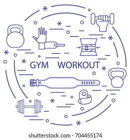Powerlifting gym workout elements arranged in a circle. Template for your design, banner, poster or print.