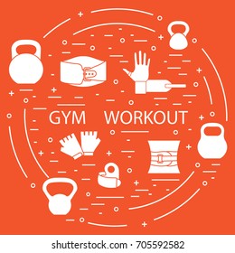 Powerlifting gym workout elements arranged in a circle. Healthy lifestyle and physical activity.