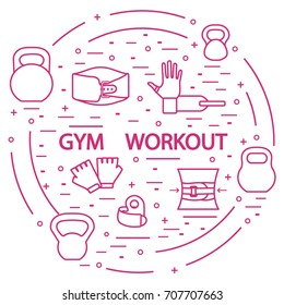 Powerlifting gym workout elements arranged in a circle. Healthy lifestyle and physical activity.