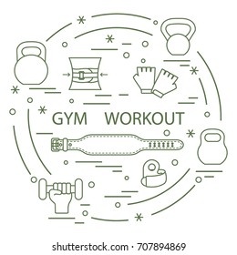 Powerlifting gym workout elements arranged in a circle. Bodybuilding exercises equipment and things.