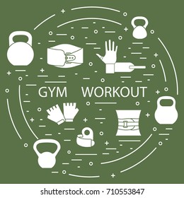 Powerlifting gym workout elements arranged in a circle. Healthy lifestyle and physical activity.