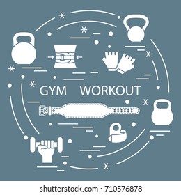 Powerlifting gym workout elements arranged in a circle. Bodybuilding exercises equipment and things.