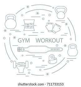 Powerlifting gym workout elements arranged in a circle. Bodybuilding exercises equipment and things.