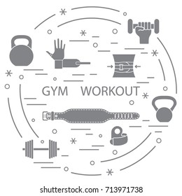 Powerlifting gym workout elements arranged in a circle. Template for your design, banner, poster or print.