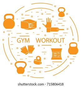 Powerlifting gym workout elements arranged in a circle. Healthy lifestyle and physical activity.