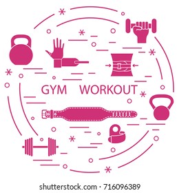 Powerlifting gym workout elements arranged in a circle. Template for your design, banner, poster or print.