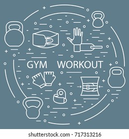 Powerlifting gym workout elements arranged in a circle. Healthy lifestyle and physical activity.