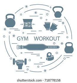 Powerlifting gym workout elements arranged in a circle. Bodybuilding exercises equipment and things.