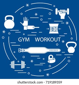 Powerlifting gym workout elements arranged in a circle. Template for your design, banner, poster or print.