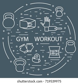 Powerlifting gym workout elements arranged in a circle. Healthy lifestyle and physical activity.