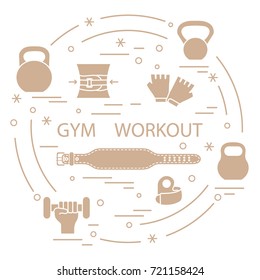 Powerlifting gym workout elements arranged in a circle. Bodybuilding exercises equipment and things.