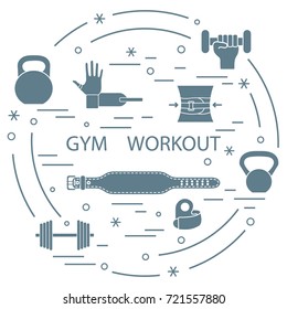 Powerlifting gym workout elements arranged in a circle. Template for your design, banner, poster or print.
