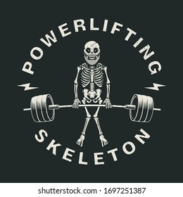 Powerlifting. Illustration of human skull, skeleton with weightlifting. Design element for logo, poster, card, banner, emblem, t shirt. Vector illustration