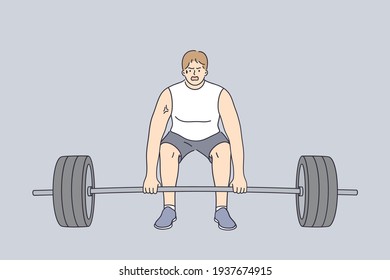 Powerlifting, sport lifestyle, weight lifting concept. Aggressive strong muscular man in sportswear doing deadlift Exercise during workout vector illustration 