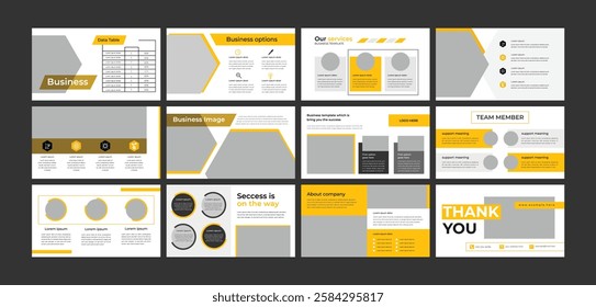 PowerPoint business presentation template. Abstract white, yellow, slides. Brochure cover design, cover design, proposal, pitch deck, google slides