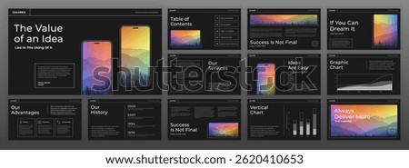 Powerpoint presentation template. Keynote presentation background, brochure cover design, brand guidelines, pitch deck, landing page, annual report, company profile, google slides, agenda.