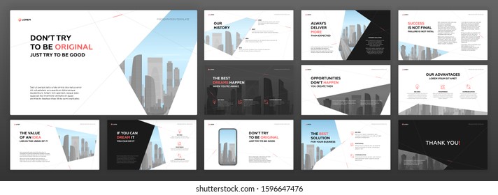 Powerpoint presentation templates set for construction. Use for modern keynote presentation brochure design, website slider, landing page, annual report, company profile, social media banners.