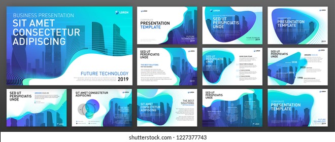 Powerpoint presentation templates set. Modern Keynote presentation background, brochure cover design, brand guidelines, pitch deck, proposal, agenda, annual report, company profile, portfolio design.