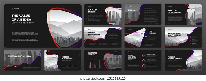 Vorlage für Geschäftspräsentationen festgelegt. Verwenden Sie für Präsentationshintergrund, Broschürendesign, Website-Schieberegler, Landing Page, Jahresbericht.