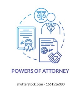 Powers of attorney blue concept icon. Personal affair. Legal representative. Seal business deal with third party. Notary service idea thin line illustration. Vector isolated outline RGB color drawing