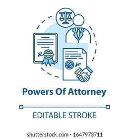 Powers of attorney concept icon. Legal representative. Seal business deal with third party. Notary service idea thin line illustration. Vector isolated outline RGB color drawing. Editable stroke